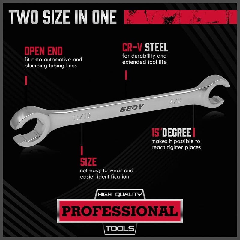 SEDY 4-Piece Flare Nut Wrench Set - SAE Brake Line Wrench 1/4, 5/16, 3/8, 7/16, 1/2, 9/16, 5/8, 11/16-inch, Professional Offset Heads, Portable Organizer Pouch Included - Image 4